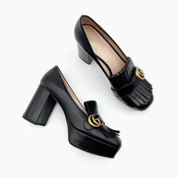GUCCI Marmont Fringe GG Black Platform Heeled Loafer 39 US 9 Leather Square Toe - Picture 1 of 14